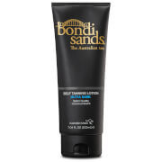 Black tube with gold lettering, labeled "Bondi Sands Self Tanning Lotion 200ml," featuring a flip-top cap and a blue accent indicating "Ultra Dark."