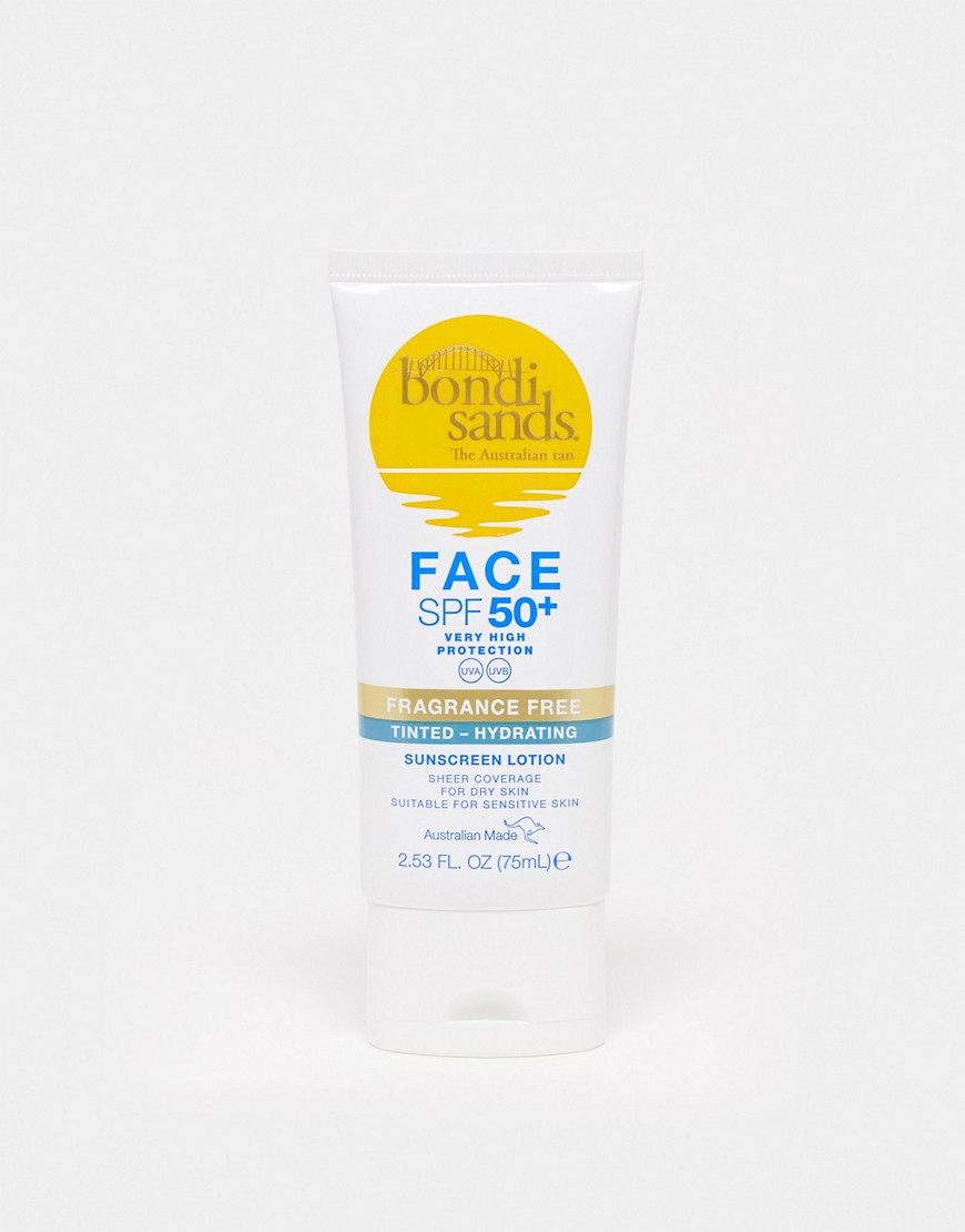 White tube with a yellow and blue label, featuring "Bondi Sands" logo, "Hydrating Tinted Face Lotion," and SPF 50+ text, 75ml size, fragrance-free, suitable for sensitive skin.