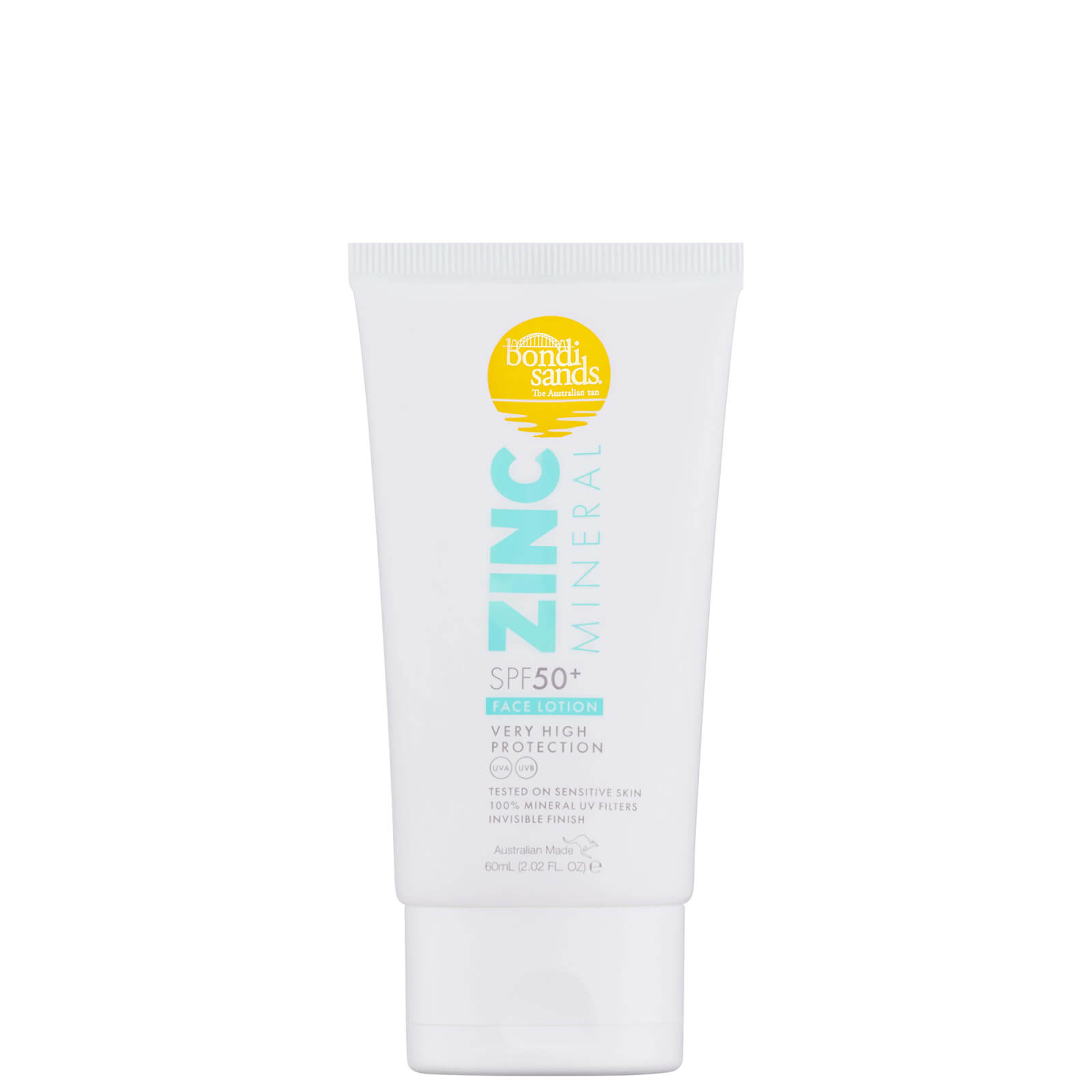 White tube of Bondi Sands Zinc Mineral Tanning Milk for Face, 60 ml, featuring bold "ZINC MINERAL" text and SPF 50+ label, designed for very high sun protection.