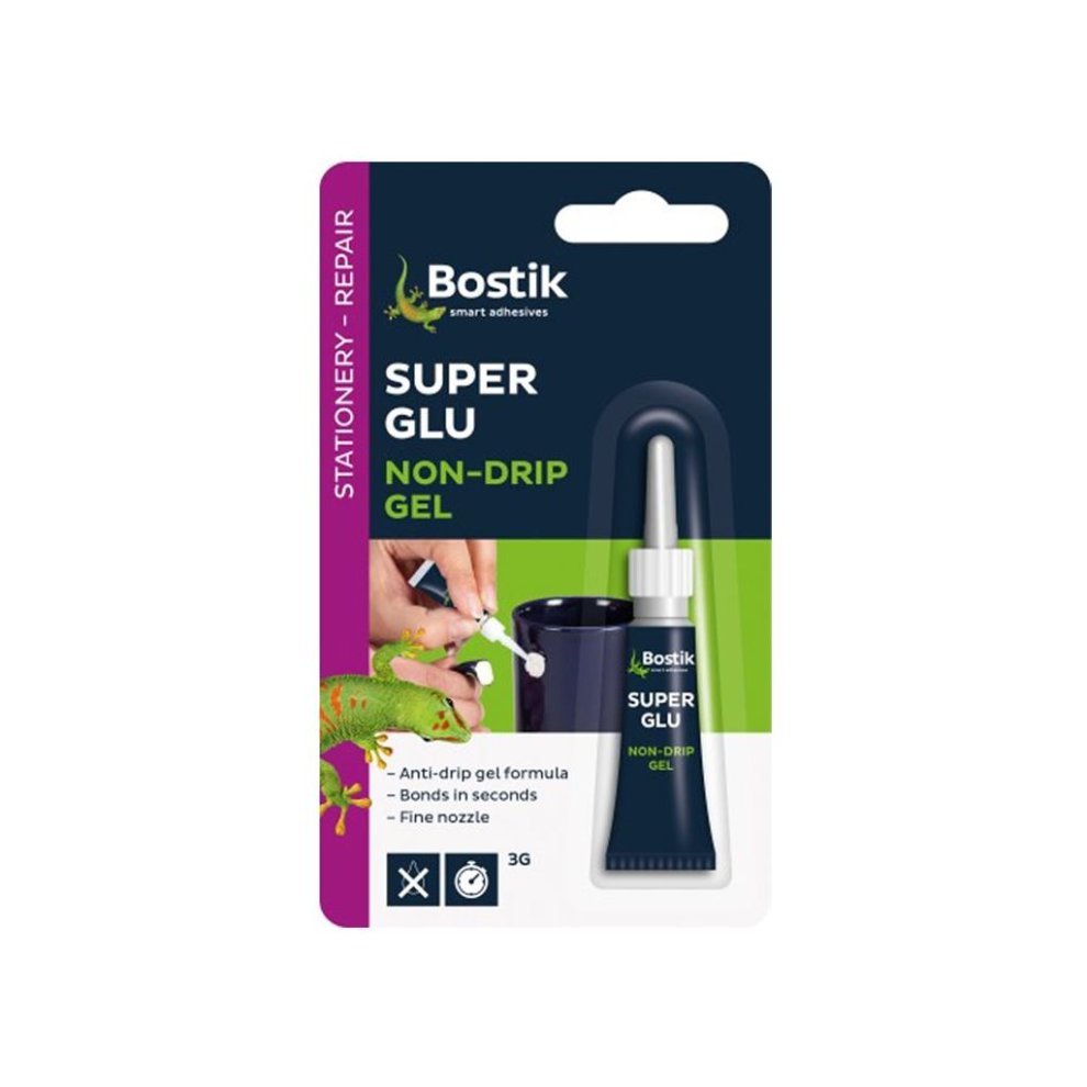Bostik 806153 Glu & Fix Super Glue Gel in a 3g tube, featuring a fine nozzle and anti-drip gel formula, packaged in a blue and white card with a green lizard graphic.
