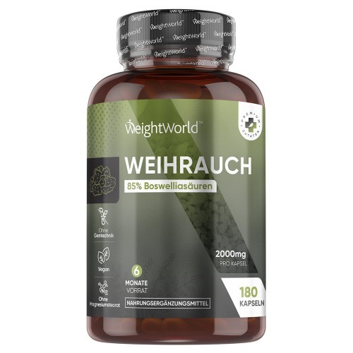 Brown plastic bottle with a green label, containing 180 Boswellia capsules, each with 2000mg, labeled for joint support and well-being by WeightWorld.