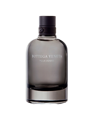 Bottega Veneta Pour Homme EDT Spray in a sleek, dark glass bottle with a black cap, featuring elegant silver text on the front and a minimalist design.