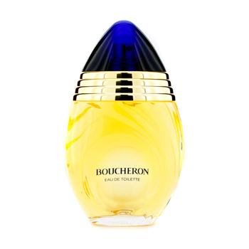 Elegant perfume bottle with a blue dome cap and gold accents, featuring a rounded, amber-colored body labeled "Boucheron Eau de Toilette 100ml."