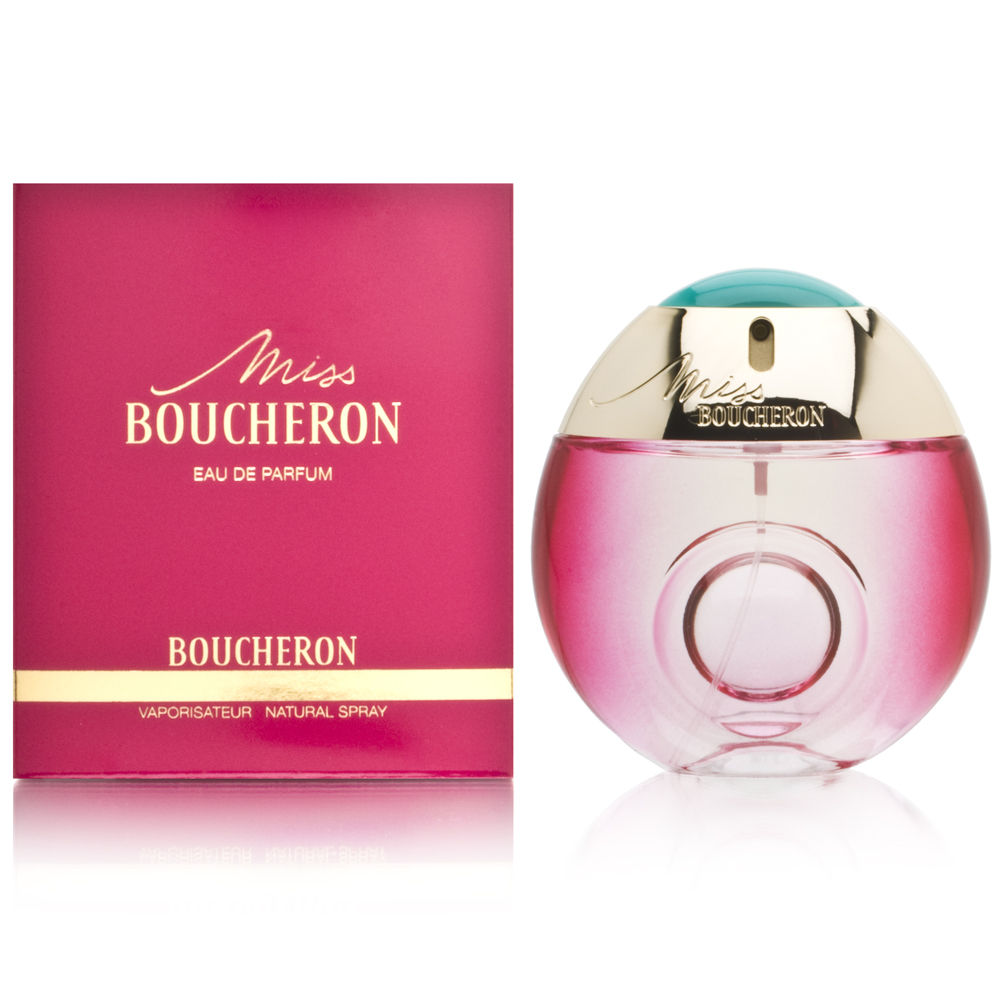 Miss Boucheron 100ml EDP features a round, pink glass bottle with a gold cap and a turquoise accent, accompanied by a vibrant pink box with elegant white text.