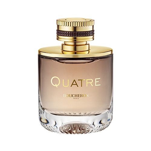 Elegant glass bottle of Boucheron Quatre Absolu De Nuit Femme EDP, featuring a gold cap, engraved logo, and a gradient brown liquid inside, exuding luxury and sophistication.