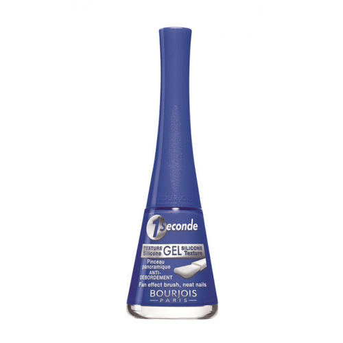 Bright yellow nail polish in a sleek glass bottle with a tapered cap, featuring a fan-shaped brush for easy application, labeled "Bourjois 1 Seconde No.21."