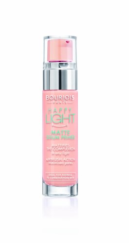 Bourjois Paris Happy Light Matte Serum Primer in a 15ml clear bottle, featuring a pink pump top and vibrant pink label with green text, sealed and designed for a matte finish.
