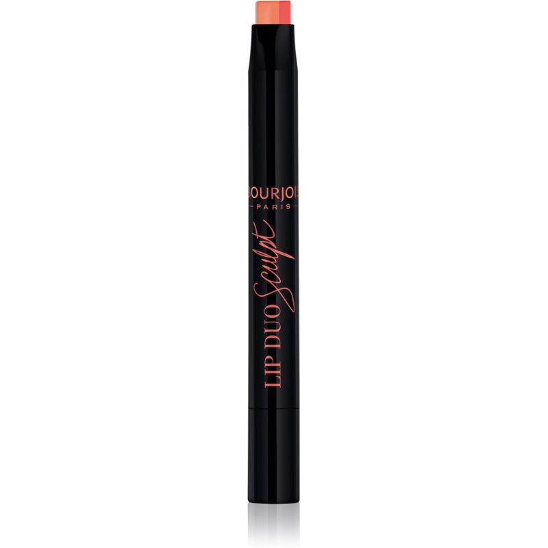Bourjois Paris Lip Duo Sculpt features a sleek black casing with a dual-ended design, showcasing a peach-colored lipstick on one end and a coordinating liner on the other.