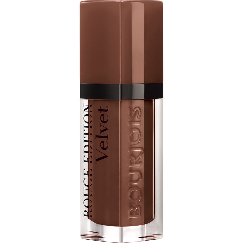 Bourjois Rouge Velvet Edition lipstick in shade 023 Black Brown, featuring a sleek brown tube with a transparent base and bold black lettering.