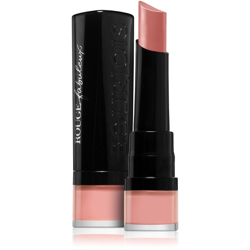 Bourjois Rouge Fabuleux Lipstick in shade 002 a L'Eau De Rose features a sleek black tube with a soft pink bullet, showcasing a creamy, hydrating formula ideal for a natural look.
