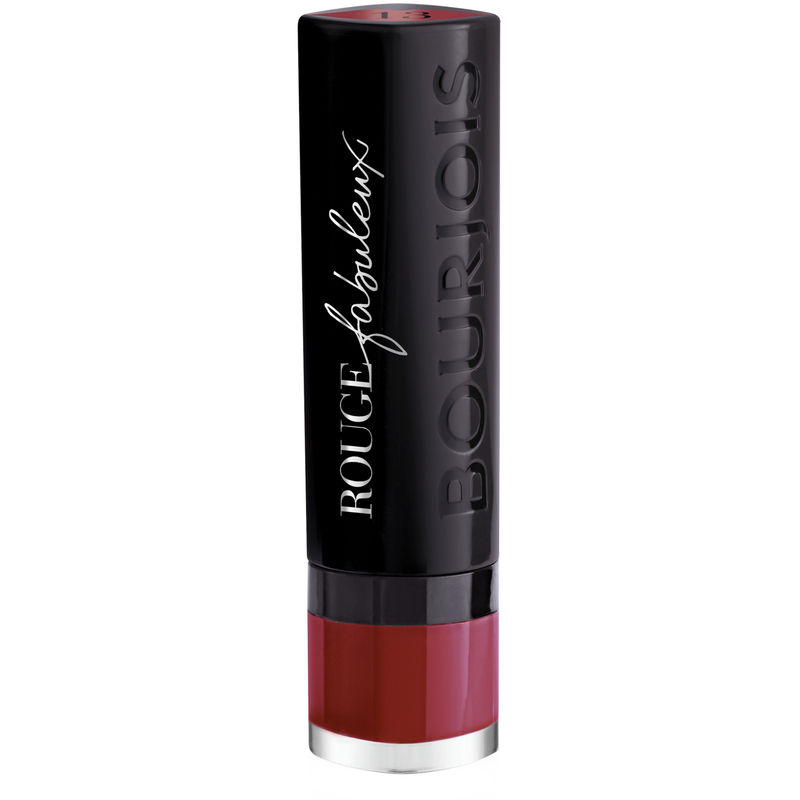Bourjois Rouge Fabuleux lipstick in shade 013 Cranberry Tales features a sleek black tube with a glossy finish and a rich cranberry red color at the base.