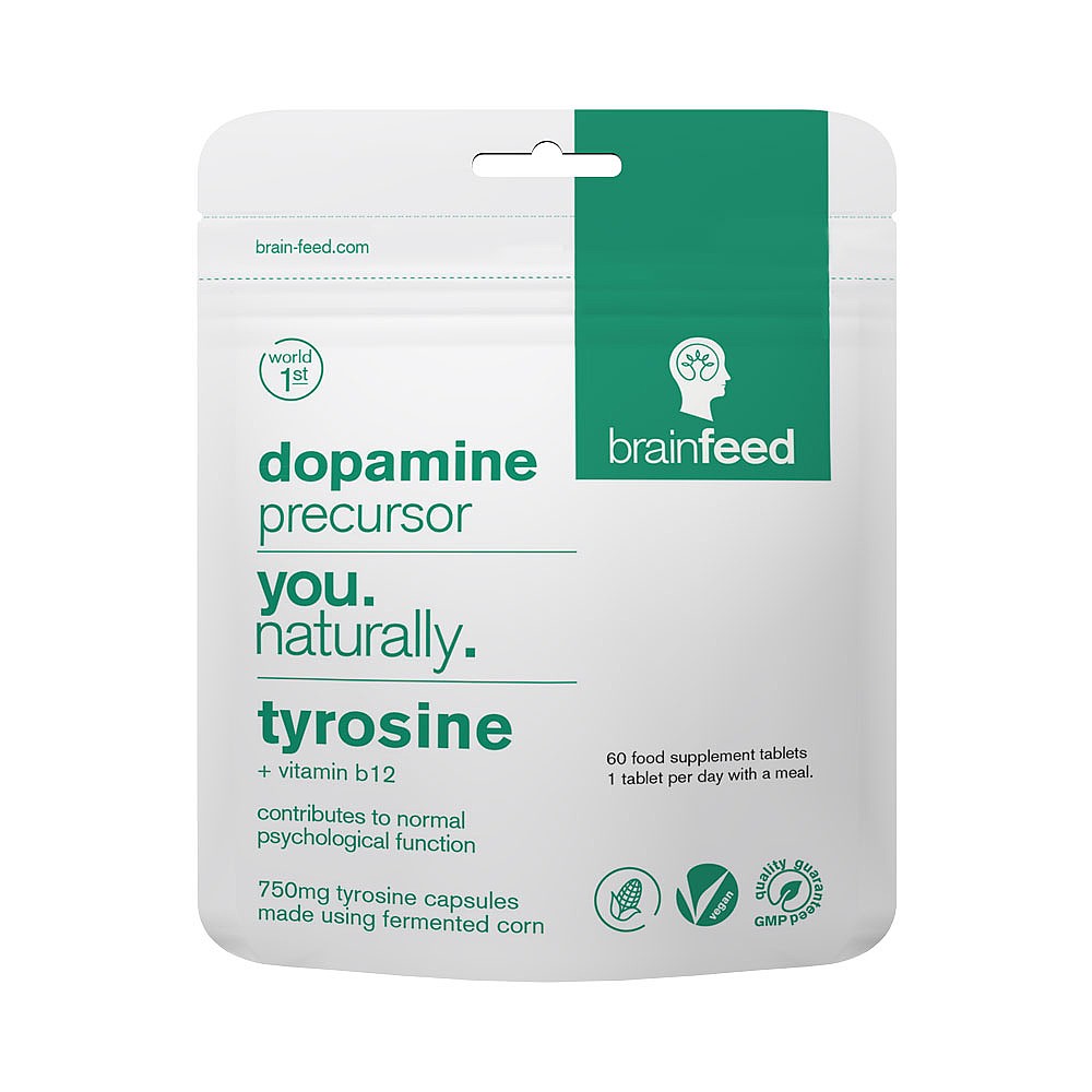 White pouch packaging featuring green and black text, labeled "Brain Feed Tyrosine," highlighting 750mg of tyrosine and vitamin B12, with a clean, modern design.