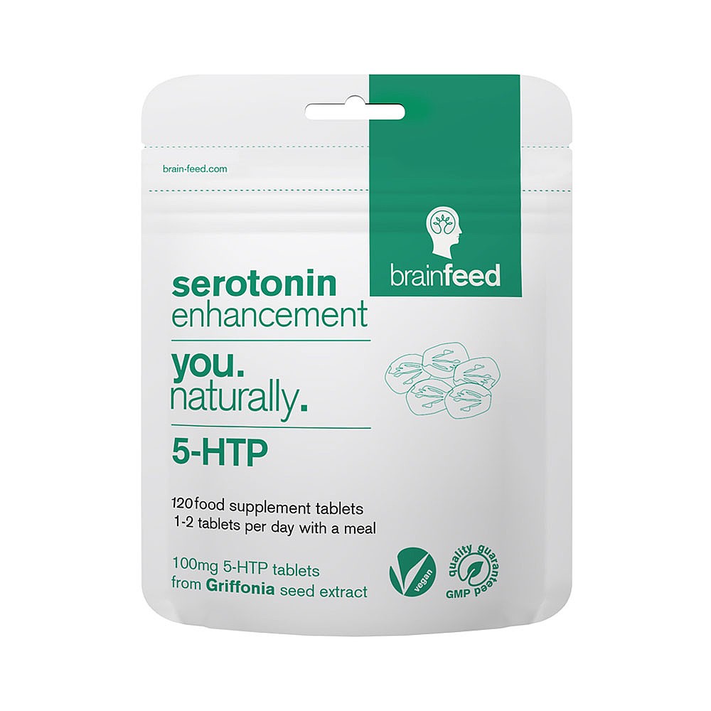 White pouch packaging for Brain Feed 5-HTP, featuring green and black text, highlighting serotonin enhancement, with 120 tablets and details about dosage and ingredients.