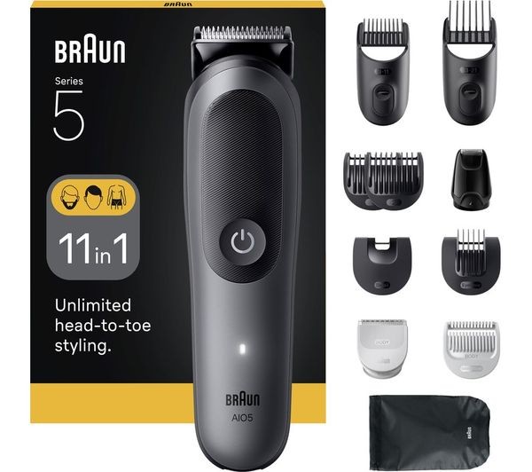 Braun All-in-One Trimmer Style Kit Series 5 AIO5560 features a sleek black trimmer with multiple attachments, including combs and a storage bag, all displayed against a yellow and black box.