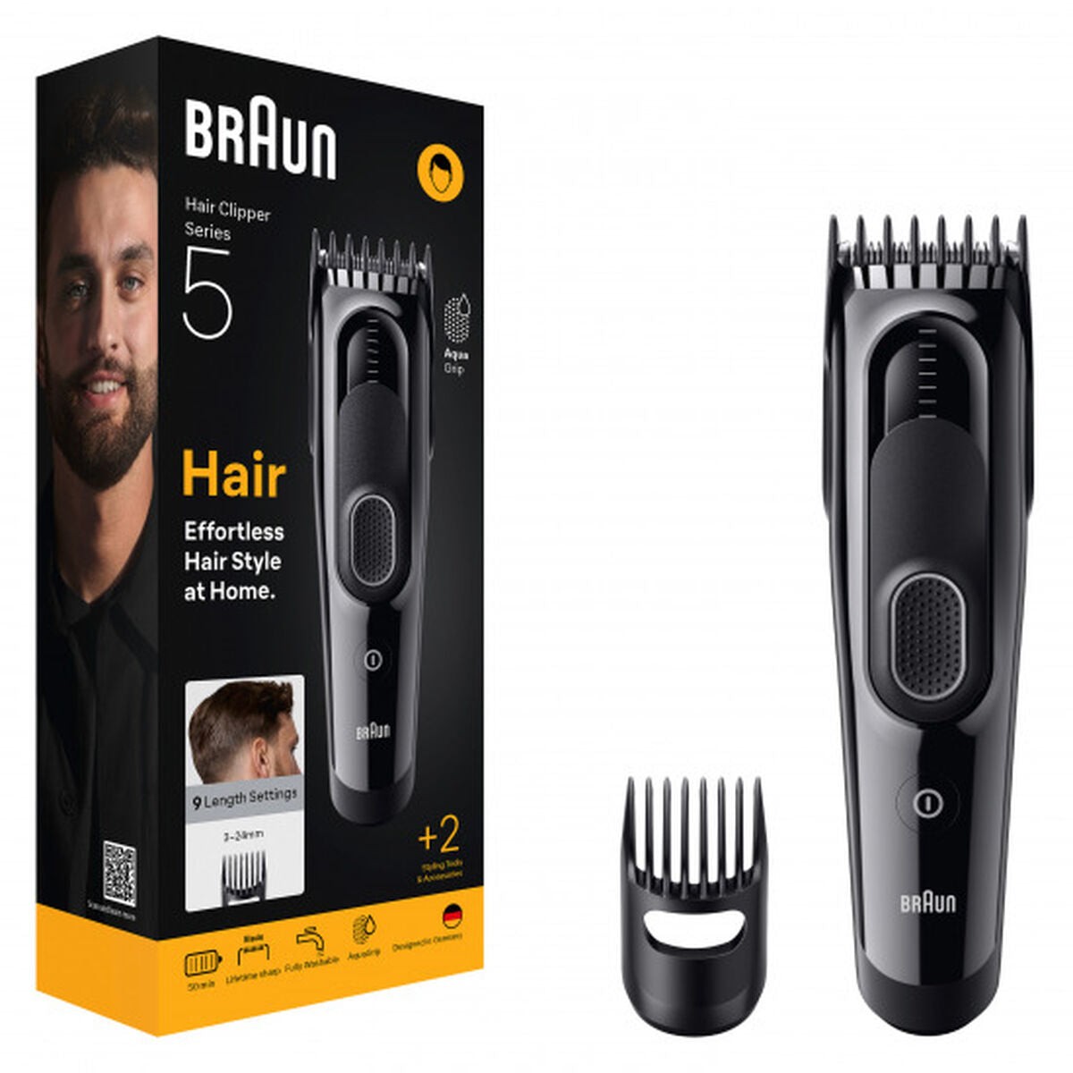 Braun Hair Clipper Series 5 HC5510 in black, featuring a textured grip, adjustable length settings, and a detachable guard, displayed alongside its packaging.