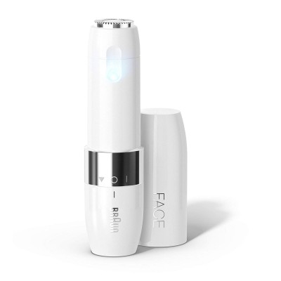 Braun Face Mini FS1000 epilator in white with a sleek design, featuring a light indicator and a removable cap, designed for precise facial hair removal.