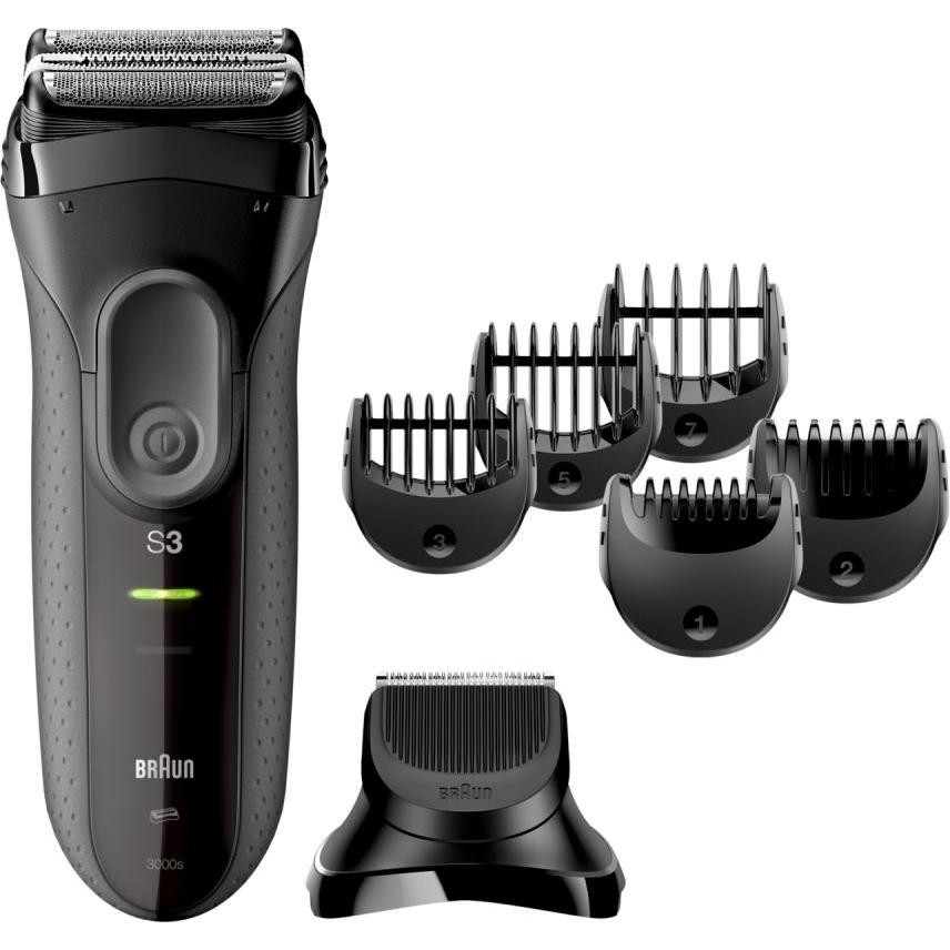 Black Braun Series 3 ProSkin 3000BT electric shaver with a textured grip, LED indicator, and five adjustable comb attachments for versatile grooming.