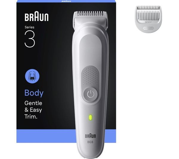 Braun Body Groomer Series 3 in grey, featuring a sleek design, waterproof capability, and includes two grooming tools for gentle trimming.