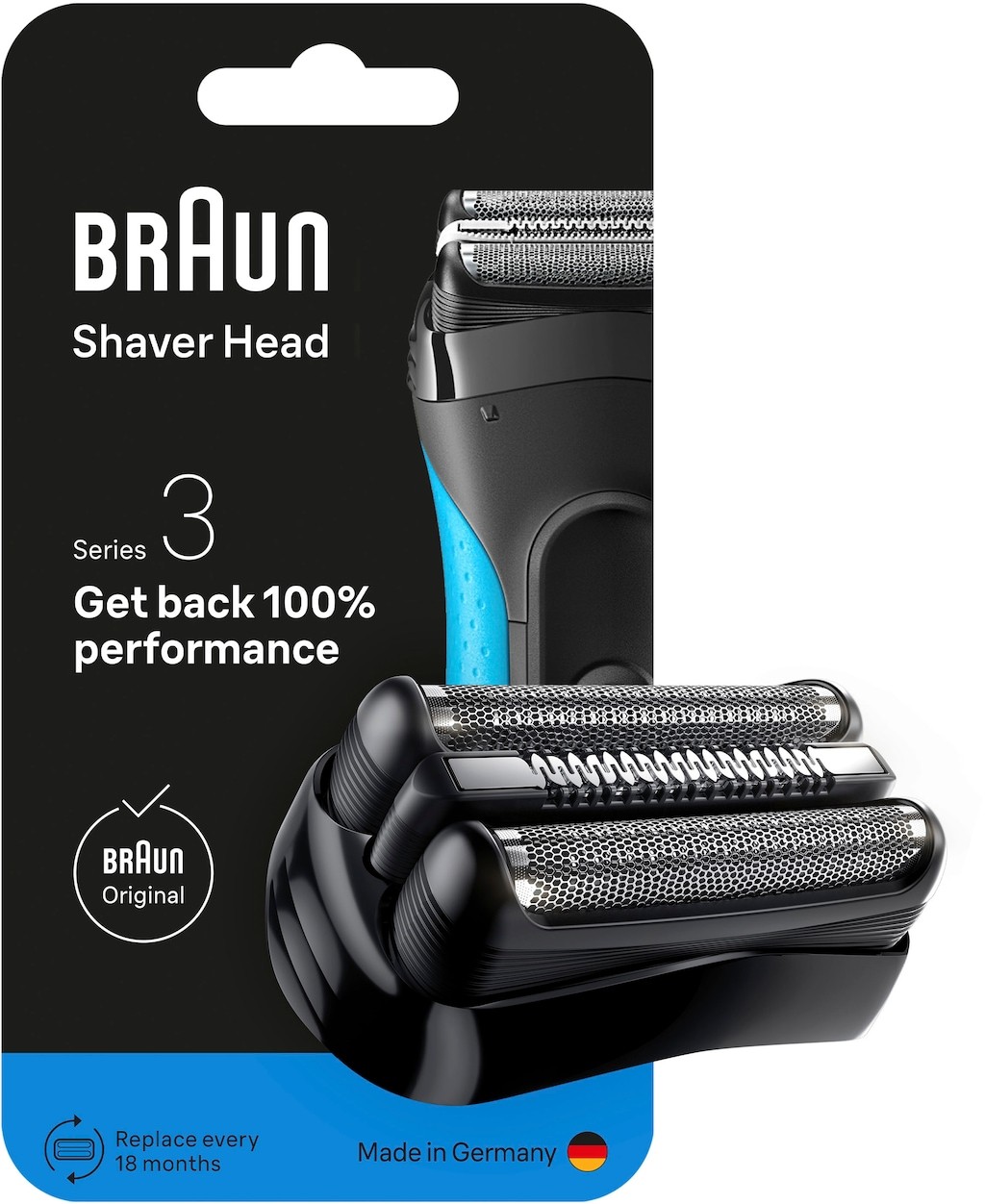 Black and blue packaging featuring a Braun Series 3 shaver head replacement, showcasing metallic foil blades and a text prompt to replace every 18 months.