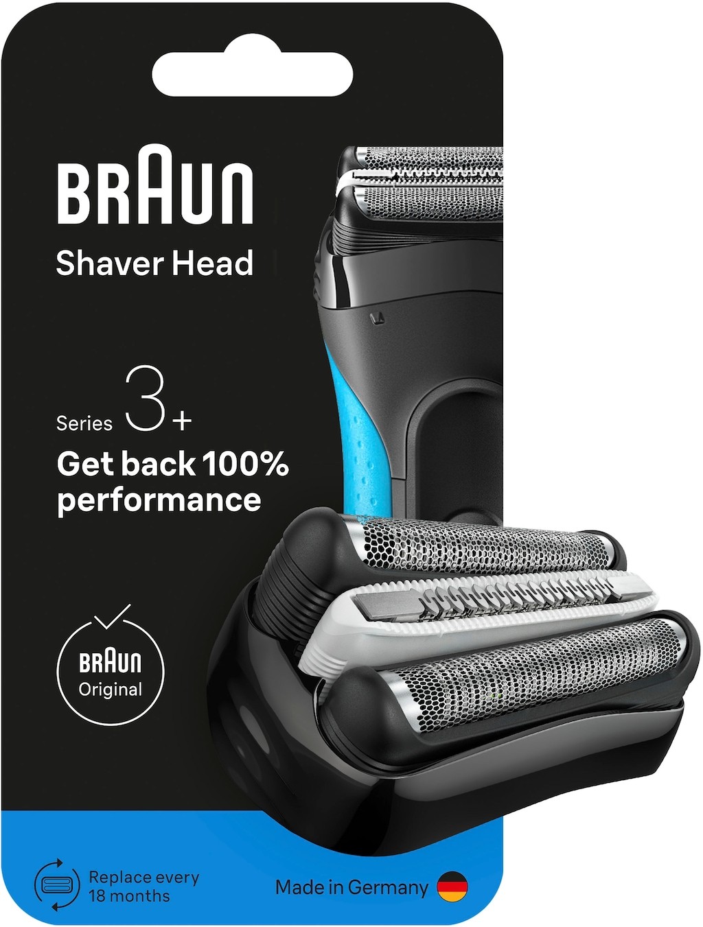 Braun Series 3 32B electric shaver head replacement in packaging, featuring a black and blue design with three foil blades for optimal shaving performance.