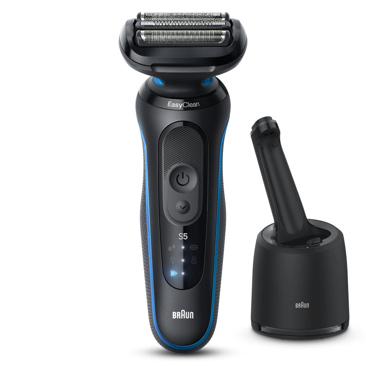 Braun Electric Shaver Series 5 52-B7000cc in sleek black with blue accents, featuring a flexible head, EasyClean technology, and a compact charging stand.