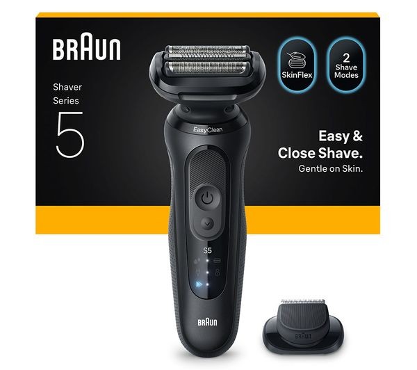 Black and silver Braun Electric Shaver with a sleek design, featuring a flexible head, buttons for operation, and a King C. Gillette Beard Care product included in the bundle.