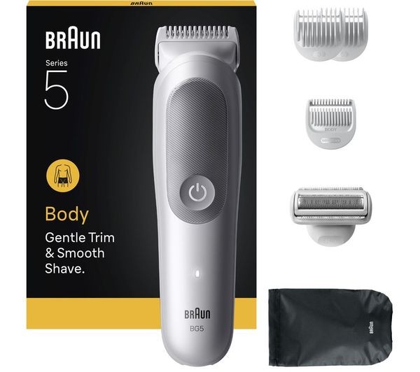 Braun BG5550 Body Groomer in light grey features a sleek design, a textured grip, interchangeable heads, and comes with a storage pouch.