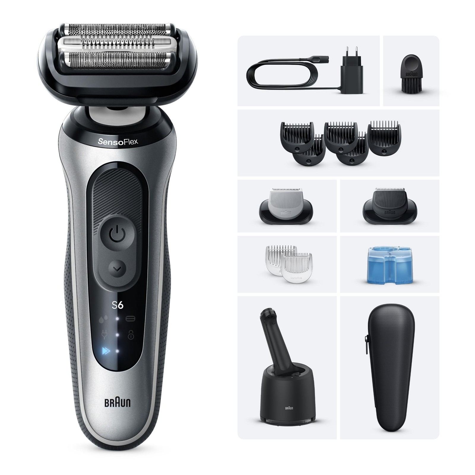 Braun Electric Shaver Series 6 in black and silver, featuring SensoFlex technology, with multiple attachments, charging dock, and cleaning station in a sleek design.