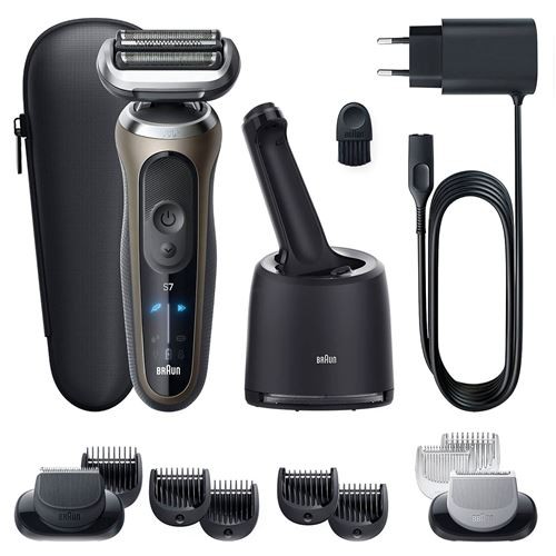 Braun Series 7 Shaver 72-C7650CC in gold, featuring a sleek design, charging dock, multiple trimming attachments, and a travel case, all in a modern black and gold color scheme.