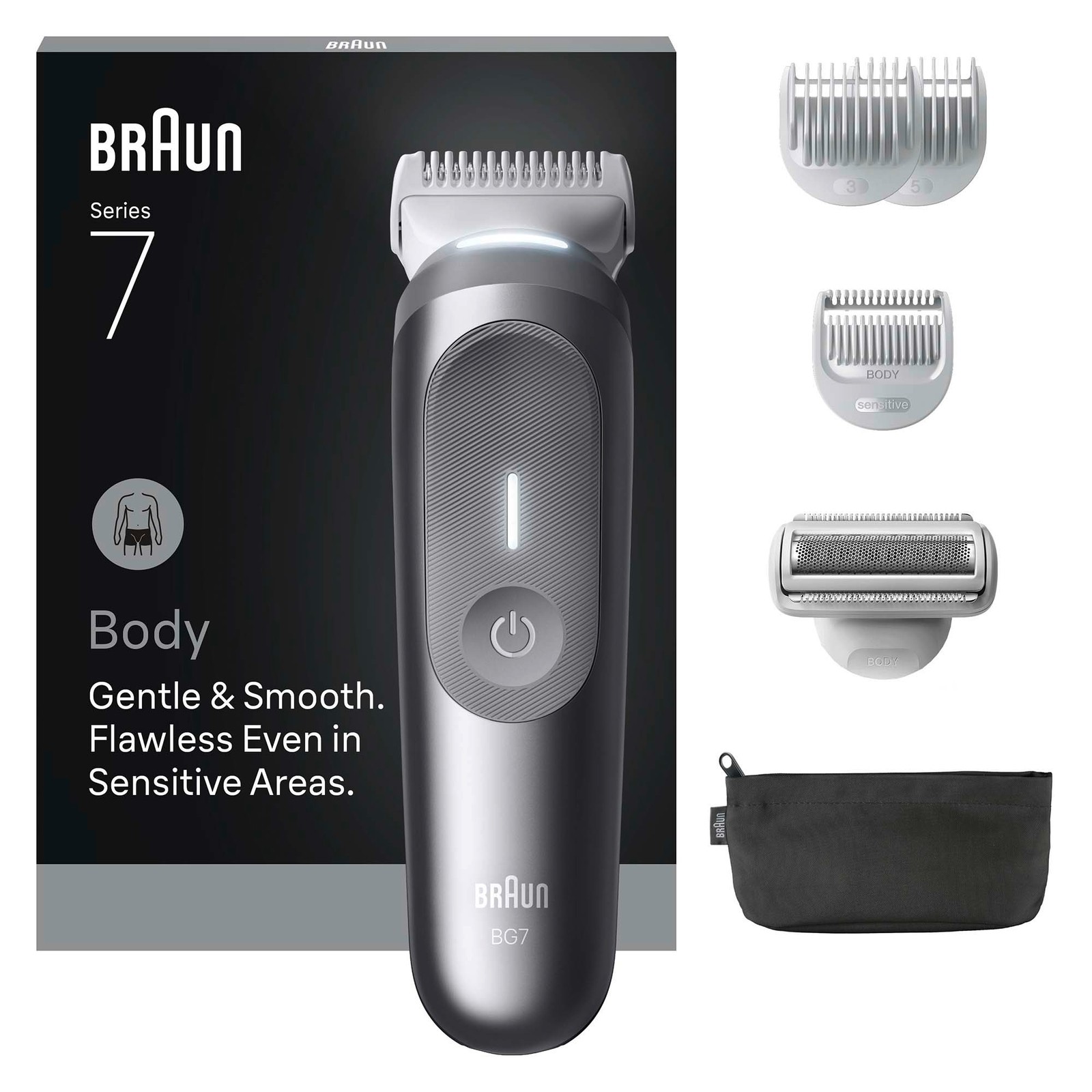 Braun Series 7 7550 Bodygroomer features a sleek gray design, includes three attachment heads, and comes with a black storage pouch for convenience.