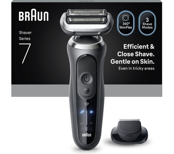 Braun Series 7 Electric Shaver in grey with a sleek design, featuring a 360° SkinFlex head, three shave modes, and an additional attachment for versatile grooming.