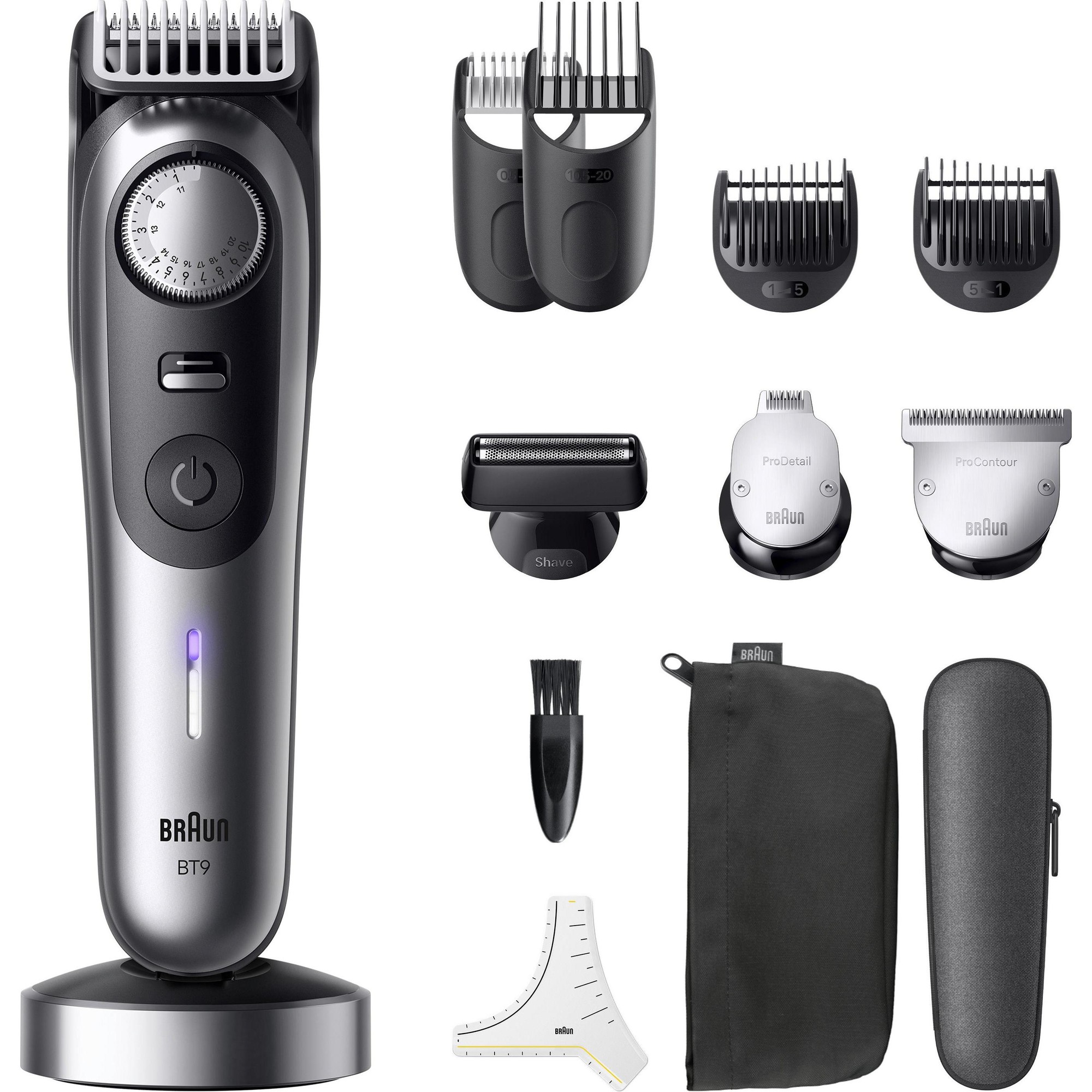 Braun BT9 grooming kit featuring a sleek silver trimmer with adjustable length settings, multiple comb attachments, a cleaning brush, and a travel pouch.