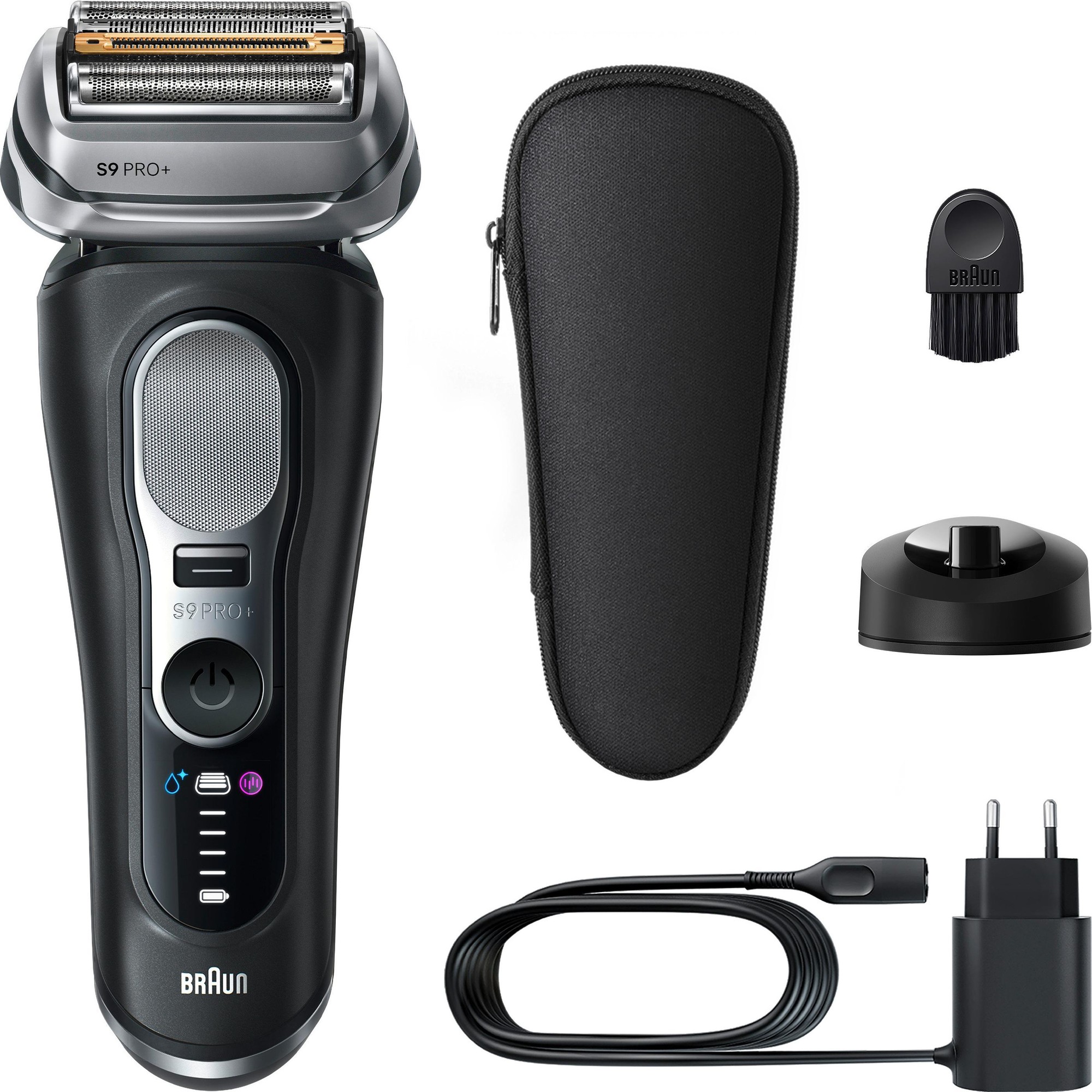 Braun electric shaver Series 9 Pro+ 9610s in black with a sleek design, charging cable, cleaning brush, and a protective travel case included.