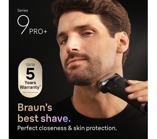 Braun's Electric Shaver Series 9 Pro+ 9670cc features a sleek black design, highlighted by a modern ergonomic grip, promising perfect closeness and skin protection, with a 5-year warranty.