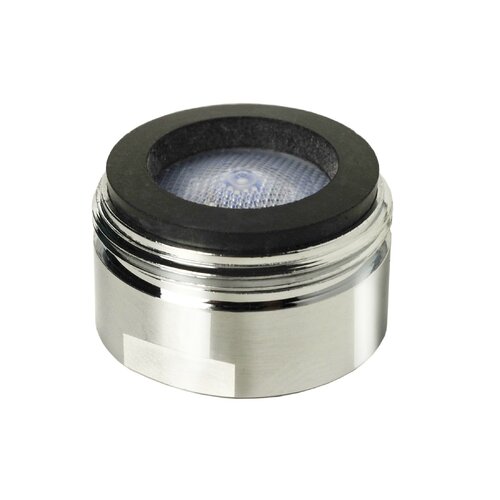Silver and black flow limiting aerator with a M24 fitting, featuring a mesh screen and rubber gasket for efficient water flow control, designed for eco-friendly usage.