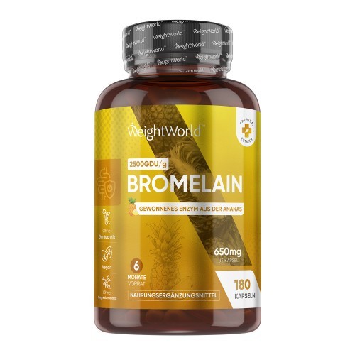 Bromelain capsules in a dark amber bottle, labeled "Bromelain 650mg" with 180 capsules, featuring a pineapple graphic and a gold lid, indicating a 6-month supply.