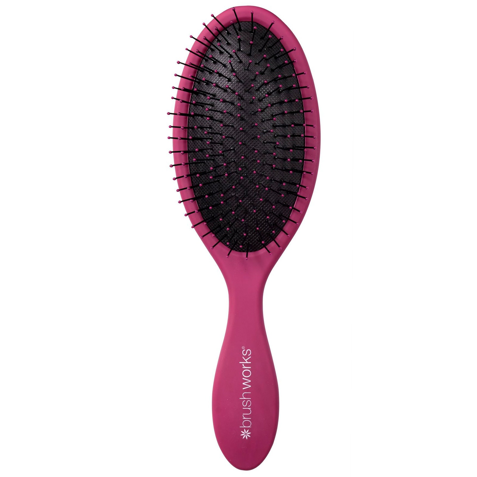 Oval detangling hairbrush in vibrant pink with a smooth handle, featuring a black bristle base and flexible nylon bristles for gentle detangling.