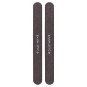 Two dark brown emery boards with rounded edges, featuring a textured surface for nail filing, branded with "Brushworks" in white lettering.