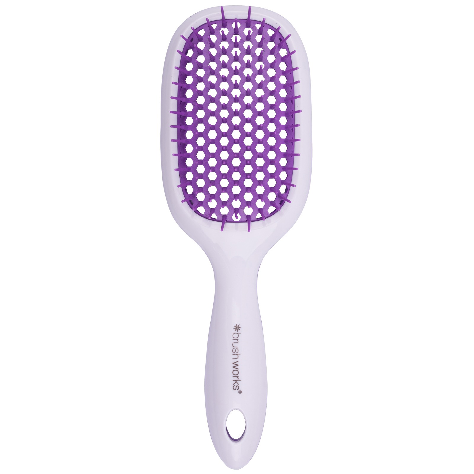 Purple honeycomb hair brush with a white handle, featuring a wide paddle design and flexible bristles for detangling hair.