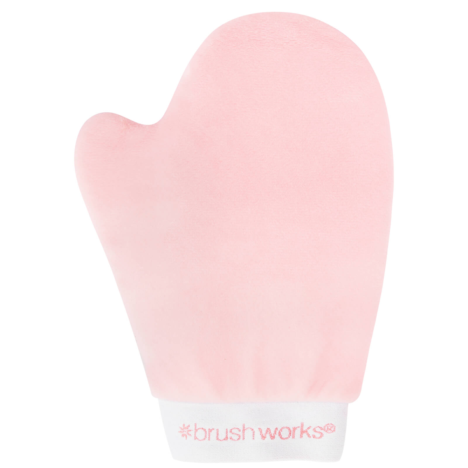 Soft pink tanning applicator mitt with a rounded top and white cuff, featuring the Brushworks logo in pink. Ideal for even application of self-tanner.