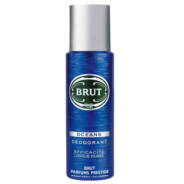 Brut Oceans Deodorant Body Spray in a sleek blue canister with a green logo, featuring a spray nozzle, 6.7 oz size, designed for men.