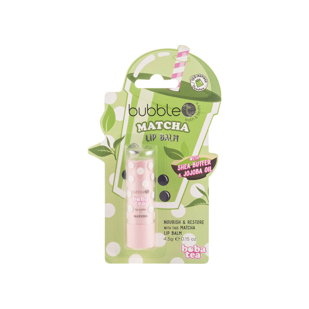 Green packaging featuring a boba tea cup design, with a pink lip balm tube inside labeled "Matcha Lip Balm," highlighting shea butter and jojoba oil benefits.