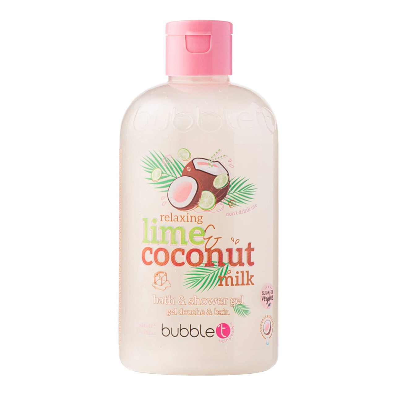 Clear plastic bottle of Bubble T Smoothie Lime & Coconut Milk Bath & Shower Gel, featuring a pink cap, tropical coconut and lime graphics, and a 500 ml label.