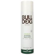 White cylindrical canister with a green and brown label, featuring the text "BULLDOG" and "Original Foaming Shave Gel for Men," 200ml, with a sleek, modern design.