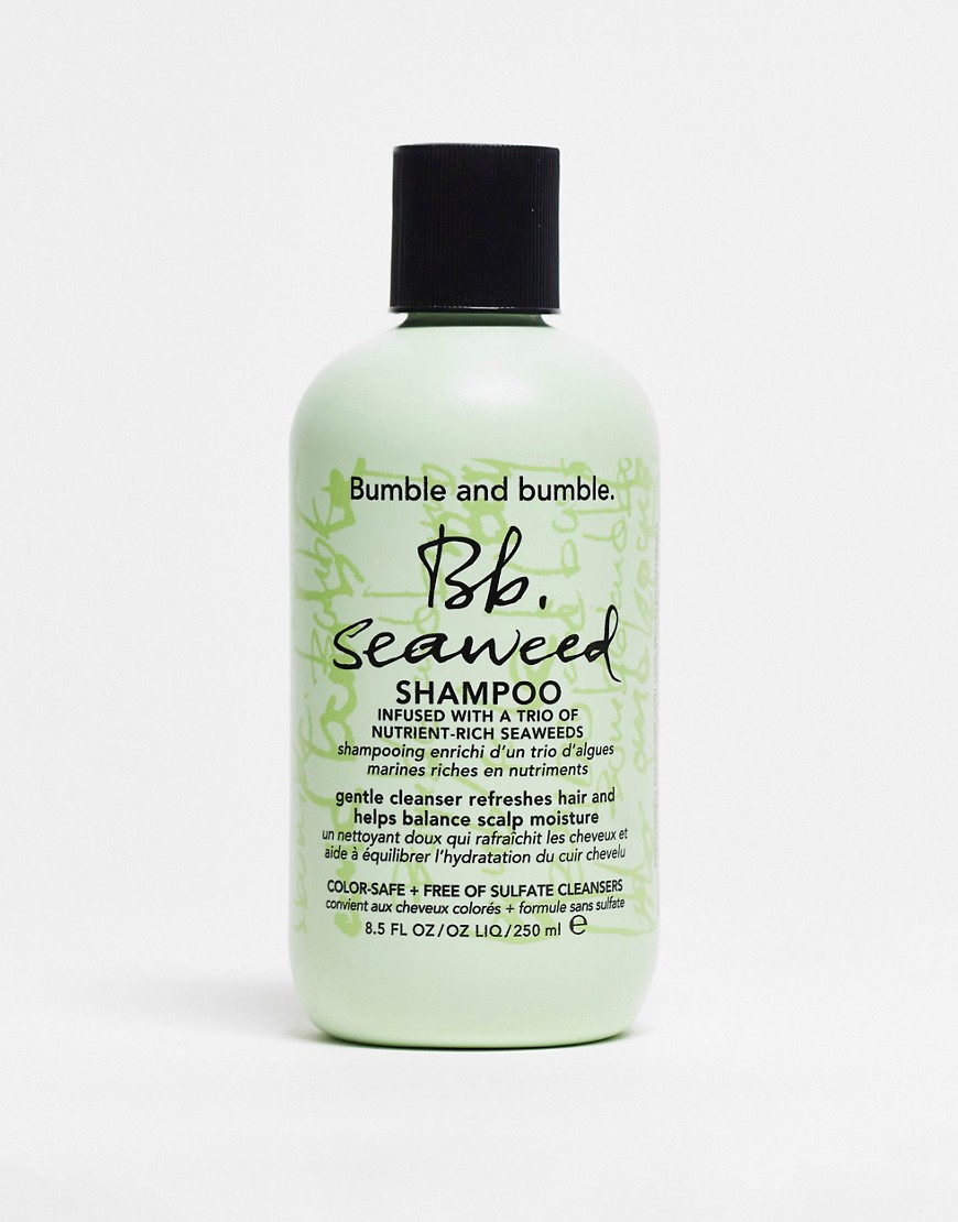 Light green bottle of Bumble and Bumble Seaweed Shampoo, 8 Fl Oz, featuring a black label with white text and a design of seaweed, emphasizing its nourishing ingredients.