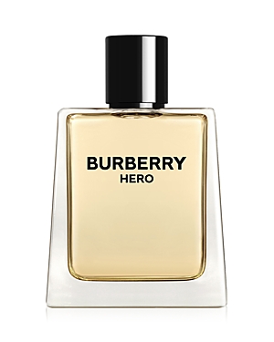 Clear glass bottle with a rectangular shape, featuring a black cap and bold "BURBERRY HERO" text in black, showcasing the light yellow fragrance inside.
