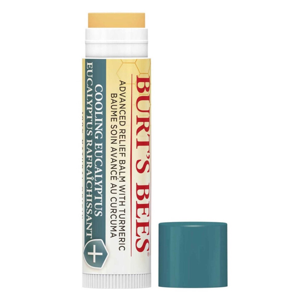 Burt's Bees Advanced Relief Lip Balm in a white and teal tube, featuring eucalyptus and turmeric, with a yellow balm stick visible and a teal cap removed.