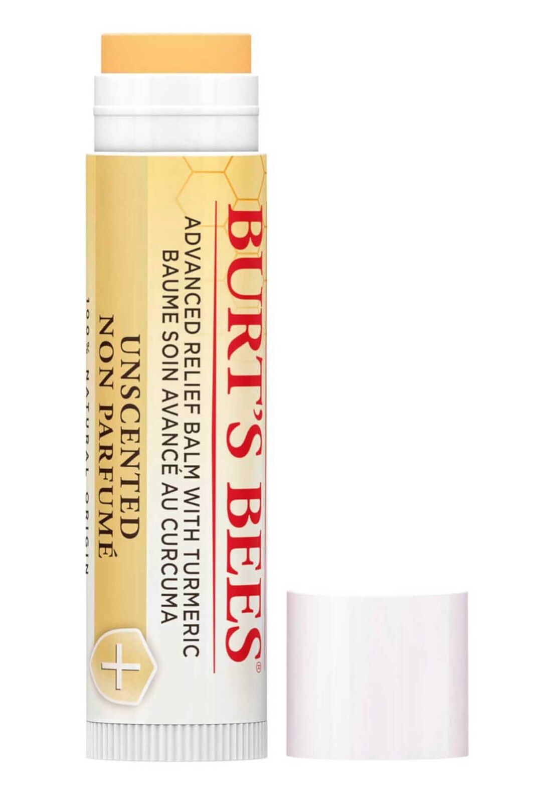 Burt's Bees Advanced Lip Balm in a yellow and white tube, featuring a twist-up applicator, labeled "Unscented" and "Advanced Relief Balm with Turmeric."