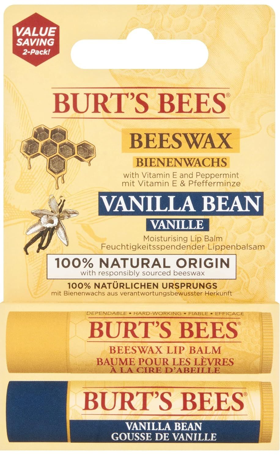 Lip balm multipack featuring two tubes, one beeswax with peppermint and vitamin E, and one vanilla bean, both in a yellow and beige packaging with a honeycomb design.