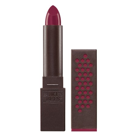 Satin lipstick in a deep berry shade, housed in a dark brown tube with a honeycomb pattern, featuring the Burt's Bees logo on the side.